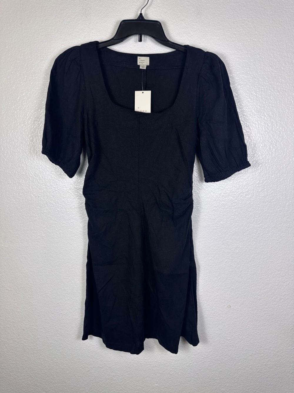 A New Day Women's Black A-Line Dress Puff Sleeve Square Neck Linen Rayon Size 6
